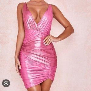 House Of CB deep plunge metallic pink dress in size XS. Barbie dress.